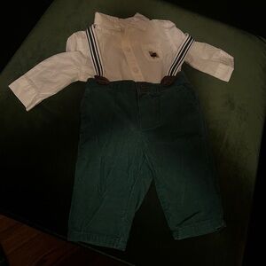 Janie and Jack White Shirt with Green Corduroy and Suspenders